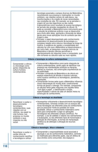 118
Ciência e tecnologia na atualidade
Ciência e tecnologia, ética e cidadania
Ciência e tecnologia na cultura contemporânea
Compreender a ciência
e a tecnologia como
partes integrantes da
cultura humana
contemporânea.
Reconhecer e avaliar o
desenvolvimento
tecnológico
contemporâneo, suas
relações com as
ciências, seu papel na
vida humana, sua
presença no mundo
cotidiano e seus
impactos na vida
social.
Reconhecer e avaliar o
caráter ético do
conhecimento científico
e tecnológico e utilizar
tecnologia associada a campos diversos da Matemática,
reconhecendo sua presença e implicações no mundo
cotidiano, nas relações sociais de cada época, nas
transformações e na criação de novas necessidades,
nas condições de vida. Por exemplo, ao se perceber a
origem do uso dos logaritmos ou das razões
trigonométricas como resultado do avanço tecnológico
do período das grandes navegações do século 16,
pode-se conceber a Matemática como instrumento para
a solução de problemas práticos e que se desenvolve
para muito além deles, ganhando a dimensão de idéias
gerais para novas aplicações fora do contexto que deu
origem a elas.
• Perceber o papel desempenhado pelo conhecimento
matemático no desenvolvimento da tecnologia e a
complexa relação entre ciência e tecnologia ao longo da
história. A exigência de rapidez e complexidade dos
cálculos fez com que a Matemática se desenvolvesse e,
por outro lado, as pesquisas e avanços teóricos da
Matemática e demais ciências permitiram o
aperfeiçoamento de máquinas como o computador, que
vêm tornando os cálculos cada vez mais rápidos.
• Compreender a Matemática como parte integrante da
cultura contemporânea, sendo capaz de identificar sua
presença nas manifestações artísticas ou literárias,
teatrais ou musicais, nas construções arquitetônicas ou
na publicidade.
• Perceber a dimensão da Matemática e da ciência em
espaços específicos de difusão e mostras culturais,
como museus científicos ou tecnológicos, planetários,
exposições.
• Compreender formas pelas quais a Matemática influencia
nossa interpretação do mundo atual, condicionando
formas de pensar e interagir. Por exemplo, comparando
os cálculos feitos pelas máquinas com aqueles feitos
“com lápis e papel”, e identificando a função,
especificidades e valores de cada um desses meios na
construção do conhecimento.
• Acompanhar criticamente o desenvolvimento tecnológico
contemporâneo, tomando contato com os avanços das
novas tecnologias nas diferentes áreas do conhecimento
para se posicionar frente às questões de nossa
atualidade. Utilizar o conhecimento matemático como
apoio para compreender e julgar as aplicações
tecnológicas dos diferentes campos científicos. Por
exemplo, o uso de satélites e radares nos rastreamentos
e localizações, ou dos diferentes tipos de transmissão e
detecção de informações, as formas de manipulação
genética ou de obtenção e utilização de recursos
naturais.
• Compreender a responsabilidade social associada à
aquisição e uso do conhecimento matemático, sentindo-
se mobilizado para diferentes ações, seja em defesa de
seus direitos como consumidor, dos espaços e
 