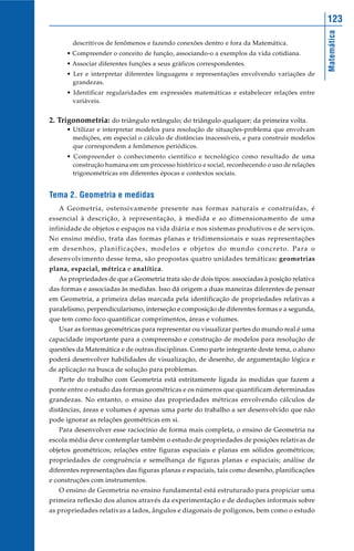 Matemática
123
descritivos de fenômenos e fazendo conexões dentro e fora da Matemática.
• Compreender o conceito de função, associando-o a exemplos da vida cotidiana.
• Associar diferentes funções a seus gráficos correspondentes.
• Ler e interpretar diferentes linguagens e representações envolvendo variações de
grandezas.
• Identificar regularidades em expressões matemáticas e estabelecer relações entre
variáveis.
2. Trigonometria: do triângulo retângulo; do triângulo qualquer; da primeira volta.
• Utilizar e interpretar modelos para resolução de situações-problema que envolvam
medições, em especial o cálculo de distâncias inacessíveis, e para construir modelos
que correspondem a fenômenos periódicos.
• Compreender o conhecimento científico e tecnológico como resultado de uma
construção humana em um processo histórico e social, reconhecendo o uso de relações
trigonométricas em diferentes épocas e contextos sociais.
Tema 2. Geometria e medidas
A Geometria, ostensivamente presente nas formas naturais e construídas, é
essencial à descrição, à representação, à medida e ao dimensionamento de uma
infinidade de objetos e espaços na vida diária e nos sistemas produtivos e de serviços.
No ensino médio, trata das formas planas e tridimensionais e suas representações
em desenhos, planificações, modelos e objetos do mundo concreto. Para o
desenvolvimento desse tema, são propostas quatro unidades temáticas: geometrias
plana, espacial, métrica e analítica.
As propriedades de que a Geometria trata são de dois tipos: associadas à posição relativa
das formas e associadas às medidas. Isso dá origem a duas maneiras diferentes de pensar
em Geometria, a primeira delas marcada pela identificação de propriedades relativas a
paralelismo, perpendicularismo, interseção e composição de diferentes formas e a segunda,
que tem como foco quantificar comprimentos, áreas e volumes.
Usar as formas geométricas para representar ou visualizar partes do mundo real é uma
capacidade importante para a compreensão e construção de modelos para resolução de
questões da Matemática e de outras disciplinas. Como parte integrante deste tema, o aluno
poderá desenvolver habilidades de visualização, de desenho, de argumentação lógica e
de aplicação na busca de solução para problemas.
Parte do trabalho com Geometria está estritamente ligada às medidas que fazem a
ponte entre o estudo das formas geométricas e os números que quantificam determinadas
grandezas. No entanto, o ensino das propriedades métricas envolvendo cálculos de
distâncias, áreas e volumes é apenas uma parte do trabalho a ser desenvolvido que não
pode ignorar as relações geométricas em si.
Para desenvolver esse raciocínio de forma mais completa, o ensino de Geometria na
escola média deve contemplar também o estudo de propriedades de posições relativas de
objetos geométricos; relações entre figuras espaciais e planas em sólidos geométricos;
propriedades de congruência e semelhança de figuras planas e espaciais; análise de
diferentes representações das figuras planas e espaciais, tais como desenho, planificações
e construções com instrumentos.
O ensino de Geometria no ensino fundamental está estruturado para propiciar uma
primeira reflexão dos alunos através da experimentação e de deduções informais sobre
as propriedades relativas a lados, ângulos e diagonais de polígonos, bem como o estudo
 