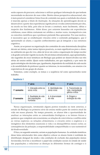 52
serão capazes de procurar, selecionar e utilizar qualquer informação de que tenham
necessidade no decorrer de suas vidas. Dentro dessa perspectiva educacional, não
é mais possível considerar listas fixas de conteúdo nas quais a realidade dos alunos
é inserida apenas a título de ilustração. As situações de aprendizagem devem se
desenvolver a partir das experiências significativas vividas anteriormente por eles,
na escola ou fora dela, pois elas os levam a construir, mais facilmente, idéias a
respeito dos fenômenos. Além disso, por estarem baseadas em experiências
cotidianas, essas idéias costumam ser sólidas e, muitas vezes, incompatíveis com
os conceitos científicos que o professor pretende lhes apresentar. Por esse motivo,
é necessário que se estabeleçam vínculos entre o conteúdo pedagógico, que é
apresentado ao aluno, e aqueles conhecimentos que já integram a sua estrutura
cognitiva.
Assim, ao se pensar na organização dos conteúdos de uma determinada disciplina
devem ser eleitos, entre tantos tópicos possíveis, os mais significativos para o aluno,
no ambiente em que ele vive, além de levar em conta a organização do tempo escolar
e da grade curricular vigente na escola. Os seis temas estruturadores, aqui apresentados,
são sugestões de eixos temáticos em Biologia que podem ser desenvolvidos nas três
séries do ensino médio. Quais serão trabalhados, em que seqüência, e por meio de
quais estratégias são decisões que, igualmente, dependerão da realidade de cada escola
e da sensibilidade do professor quanto ao interesse, às necessidades, aos anseios e às
expectativas de seu grupo de alunos.
Tomemos, como exemplo, os temas e a seqüência tal como apresentados neste
trabalho.
Seqüência 1
1o
semestre
2o
semestre
1a
série
1. Interação entre os
seres vivos
2. Qualidade de vida
das populações
humanas
2a
série
3. Identidade dos
seres vivos
4. A diversidade
da vida
3a
série
5. Transmissão da
vida, manipulação
gênica e ética
6. Origem e
evolução da vida
Nessa organização, retomando alguns pontos tratados no item anterior, o
estudo da Biologia na primeira série do ensino médio parte do cenário atual da
vida em nosso planeta. No tempo presente, os alunos têm a oportunidade de
analisar as interações entre as comunidades biológicas e os fatores físicos e
químicos que compõem um ecossistema; as relações de convivência e conflito entre
as várias espécies; as relações alimentares; o circuito entre o orgânico e o
inorgânico dos elementos essenciais à vida e os desequilíbrios nesses ciclos; as
conseqüências da poluição; a responsabilidade compartilhada e o uso sustentável
da biodiversidade.
O foco, no segundo semestre, seriam as populações humanas. As unidades temáticas
desse tema estruturador têm como objetivo colocar os alunos frente à realidade da
distribuição desigual da renda e das condições de exclusão das populações menos
favorecidas; levá-los a reconhecer o papel das condições sociais no estado de saúde
das populações; a relacionar as doenças às diferentes formas de contágio e à
 