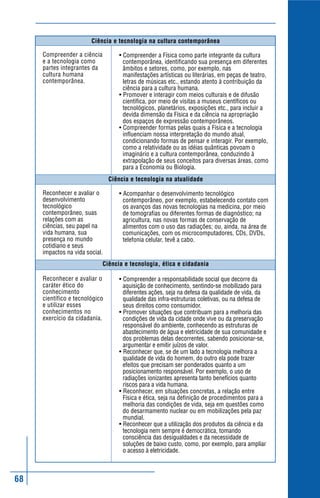 68
Compreender a ciência
e a tecnologia como
partes integrantes da
cultura humana
contemporânea.
Reconhecer e avaliar o
desenvolvimento
tecnológico
contemporâneo, suas
relações com as
ciências, seu papel na
vida humana, sua
presença no mundo
cotidiano e seus
impactos na vida social.
Reconhecer e avaliar o
caráter ético do
conhecimento
científico e tecnológico
e utilizar esses
conhecimentos no
exercício da cidadania.
• Compreender a Física como parte integrante da cultura
contemporânea, identificando sua presença em diferentes
âmbitos e setores, como, por exemplo, nas
manifestações artísticas ou literárias, em peças de teatro,
letras de músicas etc., estando atento à contribuição da
ciência para a cultura humana.
• Promover e interagir com meios culturais e de difusão
científica, por meio de visitas a museus científicos ou
tecnológicos, planetários, exposições etc., para incluir a
devida dimensão da Física e da ciência na apropriação
dos espaços de expressão contemporâneos.
• Compreender formas pelas quais a Física e a tecnologia
influenciam nossa interpretação do mundo atual,
condicionando formas de pensar e interagir. Por exemplo,
como a relatividade ou as idéias quânticas povoam o
imaginário e a cultura contemporânea, conduzindo à
extrapolação de seus conceitos para diversas áreas, como
para a Economia ou Biologia.
• Acompanhar o desenvolvimento tecnológico
contemporâneo, por exemplo, estabelecendo contato com
os avanços das novas tecnologias na medicina, por meio
de tomografias ou diferentes formas de diagnóstico; na
agricultura, nas novas formas de conservação de
alimentos com o uso das radiações; ou, ainda, na área de
comunicações, com os microcomputadores, CDs, DVDs,
telefonia celular, tevê a cabo.
• Compreender a responsabilidade social que decorre da
aquisição de conhecimento, sentindo-se mobilizado para
diferentes ações, seja na defesa da qualidade de vida, da
qualidade das infra-estruturas coletivas, ou na defesa de
seus direitos como consumidor.
• Promover situações que contribuam para a melhoria das
condições de vida da cidade onde vive ou da preservação
responsável do ambiente, conhecendo as estruturas de
abastecimento de água e eletricidade de sua comunidade e
dos problemas delas decorrentes, sabendo posicionar-se,
argumentar e emitir juízos de valor.
• Reconhecer que, se de um lado a tecnologia melhora a
qualidade de vida do homem, do outro ela pode trazer
efeitos que precisam ser ponderados quanto a um
posicionamento responsável. Por exemplo, o uso de
radiações ionizantes apresenta tanto benefícios quanto
riscos para a vida humana.
• Reconhecer, em situações concretas, a relação entre
Física e ética, seja na definição de procedimentos para a
melhoria das condições de vida, seja em questões como
do desarmamento nuclear ou em mobilizações pela paz
mundial.
• Reconhecer que a utilização dos produtos da ciência e da
tecnologia nem sempre é democrática, tomando
consciência das desigualdades e da necessidade de
soluções de baixo custo, como, por exemplo, para ampliar
o acesso à eletricidade.
Ciência e tecnologia na atualidade
Ciência e tecnologia, ética e cidadania
Ciência e tecnologia na cultura contemporânea
 