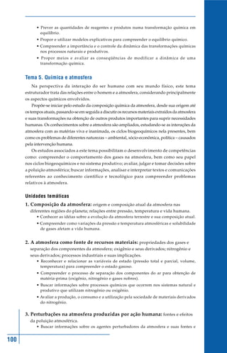 100
• Prever as quantidades de reagentes e produtos numa transformação química em
equilíbrio.
• Propor e utilizar modelos explicativos para compreender o equilíbrio químico.
• Compreender a importância e o controle da dinâmica das transformações químicas
nos processos naturais e produtivos.
• Propor meios e avaliar as conseqüências de modificar a dinâmica de uma
transformação química.
Tema 5. Química e atmosfera
Na perspectiva da interação do ser humano com seu mundo físico, este tema
estruturador trata das relações entre o homem e a atmosfera, considerando principalmente
os aspectos químicos envolvidos.
Propõe-se iniciar pelo estudo da composição química da atmosfera, desde sua origem até
os tempos atuais, passando-se em seguida a discutir os recursos materiais extraídos da atmosfera
e suas transformações na obtenção de outros produtos importantes para suprir necessidades
humanas. Os conhecimentos sobre a atmosfera são ampliados, estudando-se as interações da
atmosfera com as matérias viva e inanimada, os ciclos biogeoquímicos nela presentes, bem
como os problemas de diferentes naturezas – ambiental, sócio-econômica, política – causados
pela intervenção humana.
Os estudos associados a este tema possibilitam o desenvolvimento de competências
como: compreender o comportamento dos gases na atmosfera, bem como seu papel
nos ciclos biogeoquímicos e no sistema produtivo; avaliar, julgar e tomar decisões sobre
a poluição atmosférica; buscar informações, analisar e interpretar textos e comunicações
referentes ao conhecimento científico e tecnológico para compreender problemas
relativos à atmosfera.
Unidades temáticas
1. Composição da atmosfera: origem e composição atual da atmosfera nas
diferentes regiões do planeta; relações entre pressão, temperatura e vida humana.
• Conhecer as idéias sobre a evolução da atmosfera terrestre e sua composição atual.
• Compreender como variações da pressão e temperatura atmosféricas e solubilidade
de gases afetam a vida humana.
2. A atmosfera como fonte de recursos materiais: propriedades dos gases e
separação dos componentes da atmosfera; oxigênio e seus derivados; nitrogênio e
seus derivados; processos industriais e suas implicações.
• Reconhecer e relacionar as variáveis de estado (pressão total e parcial, volume,
temperatura) para compreender o estado gasoso.
• Compreender o processo de separação dos componentes do ar para obtenção de
matéria-prima (oxigênio, nitrogênio e gases nobres).
• Buscar informações sobre processos químicos que ocorrem nos sistemas natural e
produtivo que utilizam nitrogênio ou oxigênio.
• Avaliar a produção, o consumo e a utilização pela sociedade de materiais derivados
do nitrogênio.
3. Perturbações na atmosfera produzidas por ação humana: fontes e efeitos
da poluição atmosférica.
• Buscar informações sobre os agentes perturbadores da atmosfera e suas fontes e
 