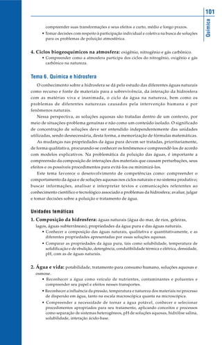 Química
101
compreender suas transformações e seus efeitos a curto, médio e longo prazos.
• Tomar decisões com respeito à participação individual e coletiva na busca de soluções
para os problemas de poluição atmosférica.
4. Ciclos biogeoquímicos na atmosfera: oxigênio, nitrogênio e gás carbônico.
• Compreender como a atmosfera participa dos ciclos do nitrogênio, oxigênio e gás
carbônico na natureza.
Tema 6. Química e hidrosfera
O conhecimento sobre a hidrosfera se dá pelo estudo das diferentes águas naturais
como recurso e fonte de materiais para a sobrevivência, da interação da hidrosfera
com as matérias viva e inanimada, o ciclo da água na natureza, bem como os
problemas de diferentes naturezas causados pela intervenção humana e por
fenômenos naturais.
Nessa perspectiva, as soluções aquosas são tratadas dentro de um contexto, por
meio de situações-problema genuínas e não como um conteúdo isolado. O significado
de concentração de soluções deve ser entendido independentemente das unidades
utilizadas, sendo desnecessária, desta forma, a memorização de fórmulas matemáticas.
As mudanças nas propriedades da água pura devem ser tratadas, prioritariamente,
de forma qualitativa, procurando-se conhecer os fenômenos e compreendê-los de acordo
com modelos explicativos. Na problemática da poluição das águas, é importante a
compreensão da composição de interações dos materiais que causam perturbações, seus
efeitos e os possíveis procedimentos para evitá-los ou minimizá-los.
Este tema favorece o desenvolvimento de competências como: compreender o
comportamento da água e de soluções aquosas nos ciclos naturais e no sistema produtivo;
buscar informações, analisar e interpretar textos e comunicações referentes ao
conhecimento científico e tecnológico associado a problemas da hidrosfera; avaliar, julgar
e tomar decisões sobre a poluição e tratamento de água.
Unidades temáticas
1. Composição da hidrosfera: águas naturais (água do mar, de rios, geleiras,
lagos, águas subterrâneas); propriedades da água pura e das águas naturais.
• Conhecer a composição das águas naturais, qualitativa e quantitativamente, e as
diferentes propriedades apresentadas por essas soluções aquosas.
• Comparar as propriedades da água pura, tais como solubilidade, temperatura de
solidificação e de ebulição, detergência, condutibilidade térmica e elétrica, densidade,
pH, com as de águas naturais.
2. Água e vida: potabilidade, tratamento para consumo humano, soluções aquosas e
osmose.
• Reconhecer a água como veículo de nutrientes, contaminantes e poluentes e
compreender seu papel e efeitos nesses transportes.
• Reconhecer a influência da pressão, temperatura e natureza dos materiais no processo
de dispersão em água, tanto na escala macroscópica quanta na microscópica.
• Compreender a necessidade de tornar a água potável, conhecer e selecionar
procedimentos apropriados para seu tratamento, aplicando conceitos e processos
como separação de sistemas heterogêneos, pH de soluções aquosas, hidrólise salina,
solubilidade, interação ácido-base.
 