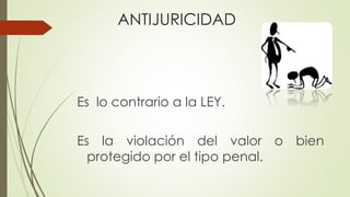 ANTIJURICIDAD
Es lo contrario a la LEY.
Es la violación del valor o bien
protegido por el tipo penal.
 