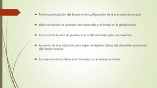  Mínima participación del Estado en la configuración de la economía de un país.
 Libre circulación de capitales internacionales y el énfasis en la globalización.
 La economía le abre las puertas a las multinacionales para que inviertan.
 Aumento de la producción, para lograr el objetivo básico del desarrollo económico
del circulo inversor.
 La base económica debe estar formado por empresas privadas.
 