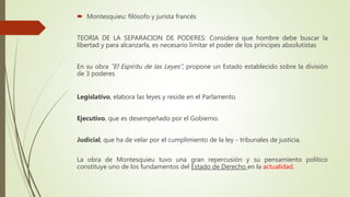  Montesquieu: filósofo y jurista francés
TEORIA DE LA SEPARACION DE PODERES: Considera que hombre debe buscar la
libertad y para alcanzarla, es necesario limitar el poder de los príncipes absolutistas
En su obra "El Espíritu de las Leyes", propone un Estado establecido sobre la división
de 3 poderes
Legislativo, elabora las leyes y reside en el Parlamento.
Ejecutivo, que es desempeñado por el Gobierno.
Judicial, que ha de velar por el cumplimiento de la ley - tribunales de justicia.
La obra de Montesquieu tuvo una gran repercusión y su pensamiento político
constituye uno de los fundamentos del Estado de Derecho en la actualidad.
 