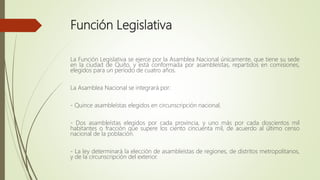 Función Legislativa
La Función Legislativa se ejerce por la Asamblea Nacional únicamente, que tiene su sede
en la ciudad de Quito, y está conformada por asambleístas, repartidos en comisiones,
elegidos para un período de cuatro años.
La Asamblea Nacional se integrará por:
- Quince asambleístas elegidos en circunscripción nacional.
- Dos asambleístas elegidos por cada provincia, y uno más por cada doscientos mil
habitantes o fracción que supere los ciento cincuenta mil, de acuerdo al último censo
nacional de la población.
- La ley determinará la elección de asambleístas de regiones, de distritos metropolitanos,
y de la circunscripción del exterior.
 