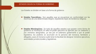 Los Estados se dividen en base a la forma de gobierno
 Estados Teocráticos.- Son aquellos que se encuentran en conformidad con las
doctrinas de una determinada religión, expidiendo leyes de tendencia religiosa.
 Estados Monárquicos.- Se trata de aquellos estados que poseen como forma de
gobierno la monarquía. En ellos el poder ejecutivo es ejercido por un soberano y
por ministros designados, ya sea por el soberano gobernante o por el poder
legislativo, los poderes se acumulan en la persona del monarca, familiares y
allegados, pues el monarca suele tener la facultad de designar ministros ejecutivos,
autoridades jurisdiccionales y legislativas.
ESTADOS SEGÚN SU FORMA DE GOBIERNO
 