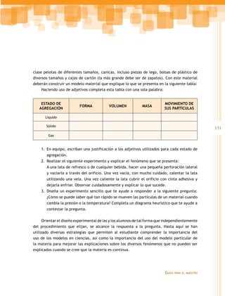 clase pelotas de diferentes tamaños, canicas, incluso piezas de lego, bolsas de plástico de
diversos tamaños y cajas de cartón (la más grande debe ser de zapatos). Con este material
deberán construir un modelo material que explique lo que se presenta en la siguiente tabla:
Haciendo uso de adjetivos completa esta tabla con una sola palabra:
ESTADO DE
AGREGACIÓN

FORMA

VOLUMEN

MASA

MOVIMIENTO DE
SUS PARTÍCULAS

Líquido
Sólido

131

Gas

1.	 En equipo, escriban una justificación a los adjetivos utilizados para cada estado de
agregación.
2.	 Realizar el siguiente experimento y explicar el fenómeno que se presenta:
	

A una lata de refresco o de cualquier bebida, hacer una pequeña perforación lateral
y vaciarla a través del orificio. Una vez vacía, con mucho cuidado, calentar la lata
utilizando una vela. Una vez caliente la lata cubrir el orificio con cinta adhesiva y
dejarla enfriar. Observar cuidadosamente y explicar lo que sucede.

3.	Diseña un experimento sencillo que te ayude a responder a la siguiente pregunta:
¿Cómo se puede saber qué tan rápido se mueven las partículas de un material cuando
cambia la presión o la temperatura? Completa un diagrama heurístico que te ayude a
contestar la pregunta.
Orientar el diseño experimental de las y los alumnos de tal forma que independientemente
del procedimiento que elijan, se alcance la respuesta a la pregunta. Hasta aquí se han
utilizado diversas estrategias que permiten al estudiante comprender la importancia del
uso de los modelos en ciencias, así como la importancia del uso del modelo particular de
la materia para mejorar las explicaciones sobre los diversos fenómenos que no pueden ser
explicados cuando se cree que la materia es continua.

Guías

para el maestro

 