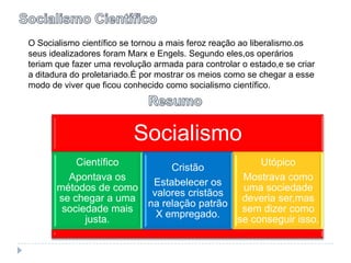 Socialismo CientíficoO Socialismo científico se tornou a mais feroz reação ao liberalismo.os seus idealizadores foram Marx e Engels. Segundo eles,os operários teriam que fazer uma revolução armada para controlar o estado,e se criar a ditadura do proletariado.É por mostrar os meios como se chegar a esse modo de viver que ficou conhecido como socialismo científico.Resumo