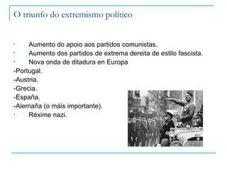 O triunfo do extremismo político


•    Aumento do apoio aos partidos comunistas.
•    Aumento dos partidos de extrema dereita de estilo fascista.
•    Nova onda de ditadura en Europa
-Portugal.
-Austria.
-Grecia.
-España.
-Alemaña (o máis importante).
•    Réxime nazi.
 