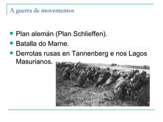 A guerra de movementos


   Plan alemán (Plan Schlieffen).
   Batalla do Marne.
   Derrotas rusas en Tannenberg e nos Lagos
    Masurianos.
 