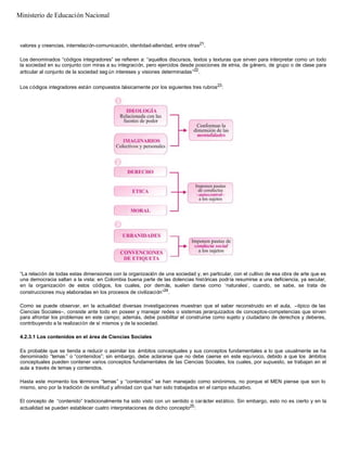 valores y creencias, interrelación-comunicación, identidad-alteridad, entre otras21
.
Los denominados “códigos integradores” se refieren a: “aquellos discursos, textos y texturas que sirven para interpretar como un todo
la sociedad en su conjunto con miras a su integración, pero ejercidos desde posiciones de etnia, de género, de grupo o de clase para
articular al conjunto de la sociedad seg ún intereses y visiones determinadas”22
.
Los códigos integradores están compuestos básicamente por los siguientes tres rubros23
:
“La relación de todas estas dimensiones con la organización de una sociedad y, en particular, con el cultivo de esa obra de arte que es
una democracia saltan a la vista: en Colombia buena parte de las dolencias históricas podría resumirse a una deficiencia, ya secular,
en la organización de estos códigos, los cuales, por demás, suelen darse como ‘naturales’, cuando, se sabe, se trata de
construcciones muy elaboradas en los procesos de civilización”24
.
Como se puede observar, en la actualidad diversas investigaciones muestran que el saber reconstruido en el aula, –típico de las
Ciencias Sociales–, consiste ante todo en poseer y manejar redes o sistemas jerarquizados de conceptos-competencias que sirven
para afrontar los problemas en este campo; además, debe posibilitar el construirse como sujeto y ciudadano de derechos y deberes,
contribuyendo a la realización de sí mismos y de la sociedad.
4.2.3.1 Los contenidos en el área de Ciencias Sociales
Es probable que se tienda a reducir o asimilar los ámbitos conceptuales y sus conceptos fundamentales a lo que usualmente se ha
denominado “temas” o “contenidos”; sin embargo, debe aclararse que no debe caerse en este equívoco, debido a que los ámbitos
conceptuales pueden contener varios conceptos fundamentales de las Ciencias Sociales, los cuales, por supuesto, se trabajan en el
aula a través de temas y contenidos.
Hasta este momento los términos “temas” y “contenidos” se han manejado como sinónimos, no porque el MEN piense que son lo
mismo, sino por la tradición de similitud y afinidad con que han sido trabajados en el campo educativo.
El concepto de “contenido” tradicionalmente ha sido visto con un sentido o carácter estático. Sin embargo, esto no es cierto y en la
actualidad se pueden establecer cuatro interpretaciones de dicho concepto25
:
Ministerio de Educación Nacional
 
