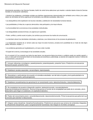 directamente asociadas a las Ciencias Sociales, facilit ó de cierta forma seleccionar qué enseñar o abordar desde el área de Ciencias
Sociales en la educación colombiana.
• Introducir los problemas y prioridades sociales que distintas organizaciones internacionales han señalado como críticos y los cuales
deben ser afrontados de forma urgente por la humanidad y sus distintas sociedades, tales como:
• Los desequilibrios entre explotación de recursos naturales y satisfacción de necesidades humanas básicas.
• Las posibilidades y límites de un ejercicio democrático más participativo y de mayor eficacia.
• La funcionalidad de la convivencia en las sociedades multiculturales.
• Las desigualdades socioeconómicas y la urgencia por superarlas.
• Poder, conflicto y cambio social; el poder y los cambios que promueven los medios de comunicación.
• La identidad cultural: las identidades individuales y colectivas y sus interacciones en los procesos de globalización.
• La marginación creciente de un número cada vez mayor de seres humanos, privados de la posibilidad de un modo de vida digno
(salud, educación, empleo…).
• Los problemas generados por la globalización y el nuevo orden mundial.
• El papel de la ciencia y la tecnología en las sociedades actuales.
En el numeral 4.2.5 se comentó que todos los ejes tienen una secuencia lógica de primero a undécimo grado (en sentido espiral), y
para un adecuado funcionamiento interno en los procesos de enseñanza y aprendizaje, se aborda de la siguiente manera (“criterios de
funcionamiento y secuencia”)4:
1. Incluyen referentes cronológicos: pasado/presente, presente/pasado, presente/ futuro. Predomina una secuencia
temporal pasado -presente-futuro.
2. Establecen escalas espaciales: cercano/lejano, lejano/pasado.
3. Generalizan o particularizan de acuerdo a la temática estudiada: van del todo a la parte y de la particularidad a la
generalidad (todo/parte, particular/general).
4. Establecen procedimientos de aproximaci ón al conocimiento como: deductivo/inductivo, inductivo/deductivo.
5. Se complejizan de acuerdo al desarrollo cognitivo: abstracto/concreto, concreto/abstracto;
descripción/explicación/valoración. Domina la secuencia en función de la complejidad que parte de lo concreto y de lo
descriptivo para llegar a lo abstracto y lo explicativo/valorativo.
6. Parten del conocimiento previo: conocido/desconocido, desconocido/conocido. Prima la secuencia que parte de lo ya
conocido para abordar lo desconocido.
7. Integran varias disciplinas: disciplinar/transdisciplinar. Predomina la secuencia que arranca de contenidos integrados
o difusamente disciplinares, para ir progresivamente haciéndose más integral en el ámbito conceptual.
Ministerio de Educación Nacional
 