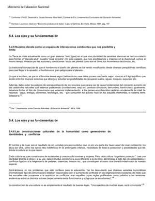 11
Confrontar: PNUD; Desarrollo a Escala Humana -Max Neef-; Cumbre de Río; Lineamientos Curriculares de Educación Ambiental.
12
Harrison, Laurence: citado en: “Economía al alcance de todos”. López y Martínez. Ed. Harla, México 1991, pág. 107
5.4. Los ejes y su fundamentación
5.4.5 Nuestro planeta como un espacio de interacciones cambiantes que nos posibilita y
limita
La Tierra es vista actualmente como un gran sistema “vivo” (gea) en el que una pluralidad de variables cósmicas se han concretado
para formar el “planeta azul”, nuestra “casa terrestre”. En este espacio, que nos posibilitamos y creamos en la diversidad, somos al
mismo tiempo limitados por las acciones y condiciones f ísicas del planeta como son el clima, los movimientos tectónicos, etc.
La tradicional concepción de que el hombre es el dueño del planeta se ha venido modificando desde diversas perspectivas científicas
para casi llegar a lo opuesto: el hombre es el gran peligro para el planeta.
Lo que si es claro, es que si el hombre desea seguir habitando su casa debe primero conocerla mejor: conocer el frágil equilibrio que
existe entre los diversos sistemas que alberga y estudiar las posibilidades de recuperar suelos, aguas, bosques, especies, etc.
Además, debe evitar los peligros de sobreexplotación de los recursos que parece ser la causa fundamental del creciente aumento de
las catástrofes naturales que estamos padeciendo (inundaciones, sequ ías, cambios climáticos, derrumbes, hambrunas); igualmente,
debemos limitar el tipo de consumismo que estamos implementando, sí los países empobrecidos captaran simplemente la mitad de
recursos –agua, energía, alimentos, tecnología, etc.– que consumen los países ricos en los actuales momentos, el sistema tierra
colapsaría13.
__________
13
Ver: “Lineamientos sobre Ciencias Naturales y Educación Ambiental”. MEN, 1998
5.4. Los ejes y su fundamentación
5.4.6 Las construcciones culturales de la humanidad como generadoras de
identidades y conflictos
El hombre y la mujer son el resultado de un complejo proceso evolutivo que, si por una parte los hace capaz de crear civilización, los
sitúa por otra, como los seres más indefensos en la prolongada infancia, necesitado de toda la protección y posibilidades que les
brinde la cultura en la que nacen.
Cada cultura es pues constructora de sociedades y creadora de hombres y mujeres. Pero cada cultura “organismo protector ”, crea una
identidad distinta a otras y, a su vez, cada individuo construye la suya diferente a la de otros, abriéndose a todo tipo de solidaridades y
conflictos ligados a la hegemonía de poderes, creencias, miedos etc., que constituyen el rostro dual benéfico-destructor de nuestra
especie.
Centrándonos en los problemas que esto conlleva para la educación, “se ha descubierto que diversas variables burocráticas
(normatividad, tipo de comunicación) estaban relacionados con el aumento de conflictos en las organizaciones escolares; de modo que
las escuelas más propensas a la aparición de conflictos, eran aquellas cuyas reglas proliferaban como paliativo a las tensiones
endémicas entre los distintos actores (especialmente entre funcionarios y subgrupos de estudiantes)”.14
La construcción de una cultura no es simplemente el resultado de buenas leyes. “Una república de muchas leyes, está corrompida”.15
Ministerio de Educación Nacional
 