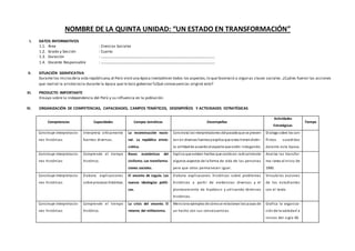 NOMBRE DE LA QUINTA UNIDAD: “UN ESTADO EN TRANSFORMACIÓN”
I. DATOS INFORMATIVOS
1.1. Área : Ciencias Sociales
1.2. Grado y Sección : Cuarto
1.3. Duración : ………………………………………………………………………………………………
1.4. Docente Responsable : ………………………………………………………………………………………………
II. SITUACIÓN SIGNIFICATIVA
Durante los iniciosdela vida repúblicana,el Perú vivió una época inestableen todos los aspectos,lo que favoreció a algunas clases sociales. ¿Cuáles fueron las acciones
que realizó la aristocracia durante la época que le toco gobernar?¿Qué consecuencias originó esto?
III. PRODUCTO IMPORTANTE
Ensayo sobre la independencia del Perú y su influencia en la población.
IV. ORGANIZACIÓN DE COMPETENCIAS, CAPACIDADES, CAMPOS TEMÁTICOS, DESEMPEÑOS Y ACTIVIDADES ESTRATÉGICAS
Competencias Capacidades Campos temáticos Desempeños
Actividades
Estratégicas
Tiempo
Construye interpretacio-
nes históricas
Interpreta críticamente
fuentes diversas.
La reconstrucción nacio-
nal. La república aristo-
crática.
Constrata lasinterpretaciones delpasadoque se presen-
tan en diversas fuentesyexplica que estas tienendistin-
ta utilidadde acuerdoal aspectoque estén indagando.
Dialoga sobre los con-
flictos sucedidos
durante esta época.
Construye interpretacio-
nes históricas
Comprende el tiempo
histórico.
Bases económicas del
civilismo. Las transforma-
ciones sociales.
Explica que existen hechos que cambian radicalmente
algunos aspectos de la forma de vida de las personas
pero que otros permanecen igual.
Analiza las transfor-
ma-iones al inicio de
1900.
Construye interpretacio-
nes históricas
Elabora explicaciones
sobre procesos históricos.
El oncenio de Leguía. Las
nuevas ideologías políti-
cas.
Elabora explicacones históricas sobre problemas
históricos a partir de evidencias diversas y el
planteamiento de hipótesis y utilizando términos
históricos.
Vincula las acciones
de los estudiantes
con el texto.
Construye interpretacio-
nes históricas
Comprende el tiempo
histórico.
La crisis del oncenio. El
retorno del militarismo.
Menciona ejemplos de cómose relacionanlascausas de
un hecho con sus consecuencias.
Grafica la organiza-
ción de la sociedad a
inicios del siglo XX.
 