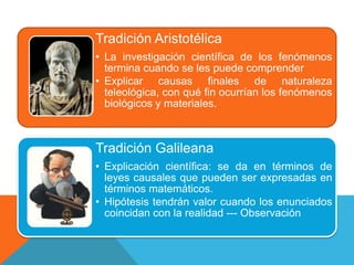 Tradición Aristotélica
• La investigación científica de los fenómenos
  termina cuando se les puede comprender
• Explicar causas finales de naturaleza
  teleológica, con qué fin ocurrían los fenómenos
  biológicos y materiales.



Tradición Galileana
• Explicación científica: se da en términos de
  leyes causales que pueden ser expresadas en
  términos matemáticos.
• Hipótesis tendrán valor cuando los enunciados
  coincidan con la realidad --- Observación
 