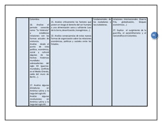 36
Colombia.
16. Analizo el
periodo conocido
como “la Violencia”
y establezco
relaciones con las
formas actuales de
violencia.
Analizo desde el
punto de vista
político, económico,
social y cultural
algunos de los
hechos históricos
mundiales
sobresalientes del
siglo XX (guerras-
mundiales, conflicto
en el Medio Oriente,
caída del muro de
Berlín...).
17. Analizo algunas
dictaduras en
América Latina a lo
largodel sigloXX.
Analizo algunas
revoluciones en
América Latina a lo
largodel sigloXX.
21. Analizo críticamente los factores que
ponen en riesgo el derecho del ser humano
a una alimentación sana y suficiente (uso
de la tierra,desertización,transgénicos...).
22. Analizo consecuencias de estas nuevas
formas de organización sobre las relaciones
económicas, políticas y sociales entre los
Estados.
fundamentales de
los ciudadanos y
lasciudadanas.
relaciones internacionales (Guerra
Fría, globalización, bloques
económicos...)
27. Explico el surgimiento de la
guerrilla, el paramilitarismo y el
narcotráficoenColombia.
 