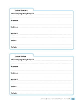 Ciencias Sociales y Formación Ciudadana − Semana 7 99
Civilización azteca
Ubicación geográfica y temporal:
Economía:
Gobierno:
Sociedad:
Cultura:
Religión:
Civilización inca
Ubicación geográfica y temporal:
Economía:
Gobierno:
Sociedad:
Cultura:
Religión:
 