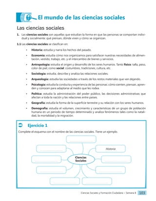Ciencias Sociales y Formación Ciudadana − Semana 8 103
Las ciencias sociales
1. Las ciencias sociales son aquellas que estudian la forma en que las personas se comportan indivi-
dual y socialmente: qué piensan, dónde viven y cómo se organizan.
1.1 Las ciencias sociales se clasifican en:
• Historia: estudia y narra los hechos del pasado.
• Economía: estudia cómo nos organizamos para satisfacer nuestras necesidades de alimen-
tación, vestido, trabajo, etc. y el intercambio de bienes y servicios.
• Antropología: estudia el origen y desarrollo de los seres humanos. Tanto físico: talla, peso,
color de piel, como social: costumbres, tradiciones, cultura, etc.
• Sociología: estudia, describe y analiza las relaciones sociales.
• Arqueología: estudia las sociedades a través de los restos materiales que van dejando.
• Psicología: estudia la conducta y experiencia de las personas: cómo sienten, piensan, apren-
den y conocen para adaptarse al medio que les rodea.
• Política: estudia la administración del poder público, las decisiones administrativas que
afectan a toda la nación y las relaciones entre países.
• Geografía: estudia la forma de la superficie terrestre y su relación con los seres humanos.
• Demografía: estudia el volumen, crecimiento y características de un grupo de población
humana en un periodo de tiempo determinado y analiza fenómenos tales como la natali-
dad, la mortalidad y la migración.
Ejercicio 1
Complete el esquema con el nombre de las ciencias sociales. Tiene un ejemplo.
Ciencias
Sociales
Historia
El mundo de las ciencias sociales
 