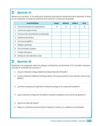 Ciencias Sociales y Formación Ciudadana − Semana 8 117
Ejercicio 15
Marque con una equis “X” la casilla de la civilización que tiene la característica de la izquierda. Si duda
en sus respuestas, consulte el contenido de la semana 7. Guíese por el ejemplo.
características maya olmeca azteca inca
0. Economía basada en la agricultura. X X X X
1. Cultivo principal, el maíz.
2. Construcción de pirámides escalonadas.
3. Gobierno teocrático.
4. Escritura jeroglífica.
5. Religión politeísta.
6. Dios principal, el jaguar.
7. Empleo del quipu.
8. Utilización del calendario solar.
Ejercicio 16
Responda a las preguntas sobre las antiguas civilizaciones de Occidente. Si lo considera necesario,
consulte el contenido de la semana 7.
1. ¿A qué civilización antigua debemos el desarrollo de la Filosofía?
2. ¿A qué civilización debemos la lengua latina, de la que provienen otros idiomas como el cas-
tellano?
3. ¿Cuál fue el aporte principal de la civilización griega en el campo de la política?
4. ¿Qué civilización antigua de Occidente instituyó la república como forma de gobierno?
5. ¿Quién era Safo de Lesbos?
6. Haga un comentario personal sobre el derecho romano y su validez en la actualidad.
 