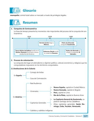 Ciencias Sociales y Formación Ciudadana − Semana 9 127
Resumen
1. Conquista de Centroamérica
La línea de tiempo presenta los momentos más importantes del proceso de la conquista de cen-
troamérica.
Vasco Núñez de Balboa fundó en el
Darién (Panamá) la primera colonia
productiva de América.
Pedrarias Dávila fundó
la ciudad de Panamá.
Pedro de Alvarado se
dirigió a conquistar El
Salvador.
1510 1519 1524
Hernán Cortés llegó a
México.
Pedro de Alvarado
conquistó Guatemala.
2. Proceso de colonización
La conquista dio lugar al colonialismo o régimen político, cultural, económico y religioso que los
conquistadores impusieron en los territorios conquistados.
2.1 Instituciones de la Colonia
En España
Consejo de Indias
Casa de Contratación
En América
Real Audiencia
• Nueva España, capital en Ciudad México
• Nueva Granada, capital en Bogotá
• Perú, capital en Lima
• Río de la Plata, capital en Buenos Aires
Virreinatos
• La Capitanía General de Guatemala, ca-
pital en Santiago de los Caballeros.
• Otras capitanías generales: Santo Do-
mingo, Cuba, Yucatán, Venezuela.
Capitanías Generales
Cabildos y cabildos indígenas
monopolio: control total sobre un mercado a través de privilegios legales.
Glosario
 