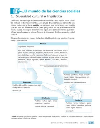 Ciencias Sociales y Formación Ciudadana − Semana 11 147
El mundo de las ciencias sociales
1. Diversidad cultural y lingüística
La historia de mestizaje de Centroamérica convierte a esta región en un crisol2
de culturas e idiomas diferentes. A un grupo de personas que comparte una
misma cultura se le llama pueblo. Las personas que pertenecen a un pueblo
pueden vivir en diferentes ubicaciones geográficas, no necesariamente en la
misma ciudad, municipio, departamento o país. Uno de los elementos que iden-
tifica a las culturas es su idioma. Por eso, la diversidad de idiomas es diversidad
cultural.
Observe los siguientes mapas de la diversidad lingüística de México, Centroa-
mérica y Guatemala:
2
crisol: recipiente para fundir materias a altas temperaturas. Esta palabra también se utiliza en referencia a zonas de gran
mestizaje cultural o fusión de culturas.
Belice
Pueblos: garífuna, maya q’eqchi’,
maya mopan, maya yucateco, crio-
llo inglés, mestizo.
Idiomas: más de siete idiomas.
Honduras
Pueblos: lenca, tolupan, pech,
chorti, miskito, tawahkas, garífuna,
criollo inglés, mestizo.
Idiomas: 9.
Guatemala
Pueblos: 22 pueblos mayas, xinca, garí-
funa y ladino o mestizo.
Idiomas: 25.
El Salvador
Pueblos: nahua–pipil, lenca,
cacaopera y mestizo.
Idiomas: náhuat y español.
México
22 pueblos indígenas.
Más de 6 millones de hablantes de alguno de los idiomas princi-
pales: huichol, amuzgo, tlapaneco, tarahumara, chatino, tepehuán,
cora, tzotzil, purépecha, mazateco, chol, mixe, huasteco, lenguas chi-
nantecas, yaqui, náhuatl, huave, totonaca, lenguas mixtecas, lenguas
zapotecas, maya, tojolabal, tzeltal, tepehua, cuicateco, mazahua,
otomí, mayo.
Datos del INEGI, Instituto Nacional de Estadística,
Geografía e Informática de México, 2000
 