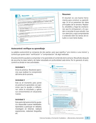 Ciencias Sociales y Formación Ciudadana − Semana 1 7
Autocontrol
Actividad 1. Demuestre lo aprendido.
1. Escriba a la par de cada hecho o situación, la ciencia que lo estudia. Guíese por el ejemplo.
hechos ciencia que lo estudia
El precio de los combustibles. Economía
Las elecciones de alcalde.
Las tradiciones de Guatemala.
La época colonial en Guatemala.
La situación de los niños de la calle.
La entrada de remesas a Guatemala.
Actividad 2. Piense y aplique lo que aprendió.
A. Marque con una cruz el cuadrado de la opción que responde correctamente a cada pregunta.
1. Si un diario local quiere tener la opinión experta de cómo está gober-
nando el presidente actual, ¿a qué persona sería mejor entrevistar?
2. Si deseamos saber por qué la violencia se ha incrementado en los úl-
timos años en el país, ¿a qué científico social sería mejor acudir?
3. Si la alcaldía de San Raymundo deseara introducir agua potable a las
comunidades que todavía no la tienen, ¿qué persona sería la más in-
dicada para planificar el proyecto?
A un psicólogo
A un historiador
A una politóloga
Un geógrafo
Un economista
Un sociólogo
Una socióloga
Una historiadora
Una economista
Revise su aprendizaje
Marque con un cheque la casilla que mejor indique su rendimiento. logrado
en
proceso
no
logrado
iar...
Relaciono el inicio de las sociedades con la aparición de las ciencias
sociales.
Actividad 3. Desarrolle nuevas habilidades.
Lea con atención. Luego responda a las preguntas.
De Ciudad Vieja a Antigua Guatemala
La segunda capital de Guatemala, hoy Ciudad Vieja, se trasladó al Valle
de Almolonga el 22 de noviembre de 1527, al pie del volcán Hunapú,
en Sacatepéquez.
Apenas transcurridos 14 años del traslado, la noche del 10
de septiembre de 1541, una correntada de agua y lodo
descendió del volcán y destruyó la ciudad.
Los sobrevivientes de aquella tragedia buscaron otro lugar
y trasladaron de nuevo la ciudad el 22 de octubre de 1541,
al Valle de Panchoy, hoy Antigua Guatemala. Desde entonces,
el volcán Hunapú es conocido como Volcán de Agua.
1. ¿Qué oraciones de la lectura aportan datos que nos ayudan a ubicarnos en el
tiempo? Subráyelas con color azul.
2. ¿Qué oraciones de la lectura nos ayudan a ubicar el espacio donde ocurrieron los hechos?
Subráyelas con negro.
3. Rodee en el mapa el antiguo volcán Hunapú.
4. Dibuje un rectángulo en el valle donde fue asentada la ciudad por tercera vez.
5. ¿Cuál es el nombre actual del Valle de Almolonga?
V. de Agua
Valle de
Panchoy
Valle de
Almolonga
V. de Fuego
V. de Acate-
nango
IGER − Quiriguá
10
Glosario
espacio virtual: espacio desarrollado en internet, sin edificio físico.
fenómeno social: toda la actividad que realiza el ser humano o el resultado de esa actividad.
msnm: abreviatura que significa "metros sobre el nivel del mar".
Resumen
1. La investigación es una herramienta de las ciencias sociales que permite explicar los fenómenos
sociales e intentar dar respuesta a los problemas de una sociedad determinada.
Uno de los método de investigación es el método científico. Se compone de cinco pasos: Bús-
queda de información y observación, hipótesis, experimentación , conclusión y teoría.
2. La observación o búsqueda de información es el primer paso para comenzar a observar e inves-
tigar sobre un tema de la realidad social.
La información puede ser de dos tipos:
a. Información cualitativa: describe una realidad con palabras, explicando sus cualidades.
b. Información cuantitativa: explica la realidad a través de datos numéricos como cantidades,
porcentajes, etc.
3. La investigación documental consiste en reunir toda la información posible sobre el tema o fe-
nómeno social a estudiar.
3.1 Los centros de información o documentación son espacios físicos o virtuales donde podemos
encontrar información, ya sea general o especializada en un tema. Los principales son:
a. Bibliotecas
b. Bibliotecas virtuales
c. Internet
Esta semana hemos hablado de la Biblioteca Digital Mundial que recopila materiales de 26 insti-
tuciones en 19 países. Para saber más de esta Biblioteca puede ver un video que lo explica.
Haga clic en: https://www.youtube.com/watch?v=SWn2stfvLA4
Investigue en la red...
Ciencias Sociales y Formación Ciudadana − ¡Bienvenida y bienvenido! 7
Resumen
El resumen es una buena herra-
mienta para construir su aprendi-
zaje. En él se presentan las ideas
principales de la semana. Repáse-
lo, estúdielo y haga las anotacio-
nes que lo enriquezcan y le ayu-
den a recordar lo que estudió. Lea
con atención y vaya comprobando
si entendió bien los temas de es-
tudio o si aún tiene dudas.
Actividad 2
Este es el momento para poner
en práctica lo aprendido con ejer-
cicios que le ayuden a reflexio-
nar sobre lo estudiado y aplicar
sus conocimientos en situaciones
nuevas.
Actividad 1
Inicia la práctica. Resolverá ejerci-
cios que evalúan la comprensión
del tema de la semana.
Actividad 3
Esta parte del autocontrol le ayuda-
rá a desarrollar nuevas habilidades.
Aprenderá a participar en debates,
investigará en Internet, realizará
exposiciones, redactará biografías,
etc.
Autocontrol: verifique su aprendizaje
La palabra autocontrol se compone de dos partes: auto que significa “uno mismo o una misma” y
control que quiere decir “verificación” o “comprobación” de algo realizado.
El autocontrol le ayudará a comprobar si ha aprendido el contenido de la semana. Resuélvalo después
de escuchar la clase radial y de haber estudiado en profundidad cada tema. Por lo general, el auto-
control se divide en tres actividades:
 
