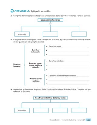 Ciencias Sociales y Formación Ciudadana − Semana 12 169
Actividad 2. Aplique lo aprendido.
A. Complete el mapa conceptual sobre las características de los derechos humanos. Tiene un ejemplo.
Los derechos humanos
son
universales
B. Complete el cuadro sinóptico sobre los derechos humanos. Ayúdese con la información del aparta-
do 2 y guíese con los ejemplos escritos.
Derechos
humanos
Derechos
individuales
•
•
•
Derecho a la vida
Derechos econó-
micos, sociales y
culturales
•
•
•
Derecho a la trabajar
Derechos civiles
y políticos
•
•
•
Derecho a la libertad de pensamientor
A. Represente gráficamente las partes de las Constitución Política de la República. Complete las que
faltan en el esquema.
Constitución Política de la República
preámbulo
 