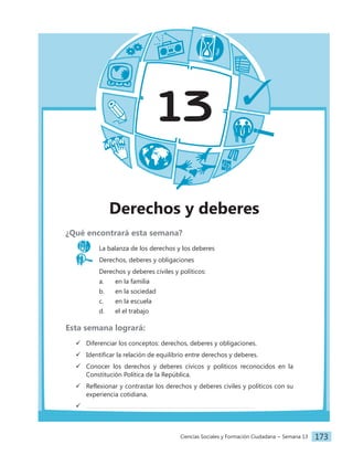 Ciencias Sociales y Formación Ciudadana − Semana 13 173
13
Derechos y deberes
¿Qué encontrará esta semana?
La balanza de los derechos y los deberes
Derechos, deberes y obligaciones
		 Derechos y deberes civiles y políticos:
		 a. en la familia
		 b. en la sociedad
		 c. en la escuela
		 d. el el trabajo
Esta semana logrará:
 Diferenciar los conceptos: derechos, deberes y obligaciones.
 Identificar la relación de equilibrio entre derechos y deberes.
 Conocer los derechos y deberes cívicos y políticos reconocidos en la
Constitución Política de la República.
 Reflexionar y contrastar los derechos y deberes civiles y políticos con su
experiencia cotidiana.

 