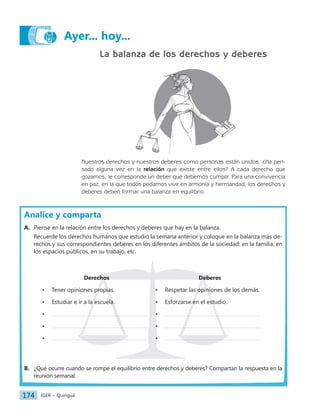 IGER − Quiriguá
174
Ayer... hoy...
La balanza de los derechos y deberes
Nuestros derechos y nuestros deberes como personas están unidos. ¿Ha pen-
sado alguna vez en la relación que existe entre ellos? A cada derecho que
gozamos, le corresponde un deber que debemos cumplir. Para una convivencia
en paz, en la que todos podamos vivir en armonía y hermandad, los derechos y
deberes deben formar una balanza en equilibrio.
Analice y comparta
A. Piense en la relación entre los derechos y deberes que hay en la balanza.
Recuerde los derechos humanos que estudió la semana anterior y coloque en la balanza más de-
rechos y sus correspondientes deberes en los diferentes ámbitos de la sociedad: en la familia, en
los espacios públicos, en su trabajo, etc.
Derechos Deberes
• Tener opiniones propias. • Respetar las opiniones de los demás.
• Estudiar e ir a la escuela. • Esforzarse en el estudio.
• •
• •
• •
B. ¿Qué ocurre cuando se rompe el equilibrio entre derechos y deberes? Compartan la respuesta en la
reunión semanal.
 