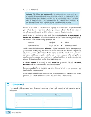 IGER − Quiriguá
178
c. En la escuela
Artículo 72. "Fines de la educación. La educación tiene como fin pri-
mordial el desarrollo integral de la persona humana, el conocimiento de
la realidad y cultura nacional y universal. Se declaran de interés nacional
la educación, la instrucción, formación social y la enseñanza sistemática
de la Constitución de la República y de los derechos humanos".
La escuela o centro de estudios es un espacio muy importante de participación
para niños, jóvenes y personas adultas que estudian. Es ahí donde aprendemos
no solo contenidos, sino también valores y normas de convivencia.
La escuela o el centro educativo debe fomentar el respeto, la tolerancia y la
valoración positiva de las diferencias entre las personas que integran el grupo
de estudio. Estas diferencias pueden ser de:
• cultura • religión • sexo
• tipo de familia • capacidades • nivel económico
Todos sin excepción tenemos derecho a expresar nuestras ideas, ser respetados
y valorados, participar y desarrollar nuestras capacidades dentro del proceso
educativo. Además, tenemos deberes como cuidar las instalaciones, estudiar
con responsabilidad, respetar a todas las personas, apoyar a los compañeros
que lo necesiten, avisar a los profesores o a la dirección si se están cometiendo
abusos de cualquier tipo contra alguna persona, etc.
El acoso escolar o bullying es una violación gravísima de los Derechos
Humanos de una compañera o de un compañero.
Es nuestro deber frenar cualquier agresión física o verbal, ya sea cara a cara o a
través de las redes sociales.
Avise inmediatamente a la dirección del establecimiento si usted, su hijo u otra
persona que usted conoce es víctima de un caso de acoso escolar.
Ejercicio 4
Escriba en la tabla los derechos y deberes que se relacionan con la escuela o cualquier otro centro
educativo.
derechos deberes
•
•
•
•
•
•
 