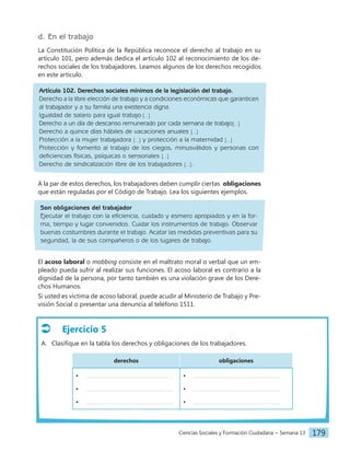 Ciencias Sociales y Formación Ciudadana − Semana 13 179
Ejercicio 5
A. Clasifique en la tabla los derechos y obligaciones de los trabajadores.
derechos obligaciones
•
•
•
•
•
•
d. En el trabajo
La Constitución Política de la República reconoce el derecho al trabajo en su
artículo 101, pero además dedica el artículo 102 al reconocimiento de los de-
rechos sociales de los trabajadores. Leamos algunos de los derechos recogidos
en este artículo.
Artículo 102. Derechos sociales mínimos de la legislación del trabajo.
Derecho a la libre elección de trabajo y a condiciones económicas que garanticen
al trabajador y a su familia una existencia digna.
Igualdad de salario para igual trabajo [...]
Derecho a un día de descanso remunerado por cada semana de trabajo[...]
Derecho a quince días hábiles de vacaciones anuales [...]
Protección a la mujer trabajadora [...] y protección a la maternidad [...]
Protección y fomento al trabajo de los ciegos, minusválidos y personas con
deficiencias físicas, psíquicas o sensoriales [...]
Derecho de sindicalización libre de los trabajadores [...].
A la par de estos derechos, los trabajadores deben cumplir ciertas obligaciones
que están reguladas por el Código de Trabajo. Lea los siguientes ejemplos.
Son obligaciones del trabajador
Ejecutar el trabajo con la eficiencia, cuidado y esmero apropiados y en la for-
ma, tiempo y lugar convenidos. Cuidar los instrumentos de trabajo. Observar
buenas costumbres durante el trabajo. Acatar las medidas preventivas para su
seguridad, la de sus compañeros o de los lugares de trabajo.
El acoso laboral o mobbing consiste en el maltrato moral o verbal que un em-
pleado pueda sufrir al realizar sus funciones. El acoso laboral es contrario a la
dignidad de la persona, por tanto también es una violación grave de los Dere-
chos Humanos.
Si usted es víctima de acoso laboral, puede acudir al Ministerio de Trabajo y Pre-
visión Social o presentar una denuncia al teléfono 1511.
 