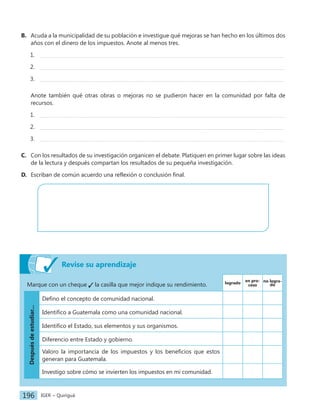 IGER − Quiriguá
196
Marque con un cheque la casilla que mejor indique su rendimiento. logrado
en pro-
ceso
no logra-
do
Después
de
estudiar...
Defino el concepto de comunidad nacional.
Identifico a Guatemala como una comunidad nacional.
Identifico el Estado, sus elementos y sus organismos.
Diferencio entre Estado y gobierno.
Valoro la importancia de los impuestos y los beneficios que estos
generan para Guatemala.
Investigo sobre cómo se invierten los impuestos en mi comunidad.
B. Acuda a la municipalidad de su población e investigue qué mejoras se han hecho en los últimos dos
años con el dinero de los impuestos. Anote al menos tres.
1.
2.
3.
Anote también qué otras obras o mejoras no se pudieron hacer en la comunidad por falta de
recursos.
1.
2.
3.
C. Con los resultados de su investigación organicen el debate. Platiquen en primer lugar sobre las ideas
de la lectura y después compartan los resultados de su pequeña investigación.
D. Escriban de común acuerdo una reflexión o conclusión final.
Revise su aprendizaje
 