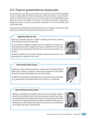 Ciencias Sociales y Formación Ciudadana − Semana 16 215
2.2 Mujeres guatemaltecas destacadas
En nuestro país hay historias de mujeres que apuestan por alcanzar la igualdad,
la paz y el desarrollo de todas las personas. Han participado, a veces abierta-
mente y otras de forma anónima, en la construcción de una Guatemala mejor.
Nombres como el de Otilia Lux de Cotí, ex ministra de Cultura y Deportes o
Margarita Carrera, escritora y periodista, sobresalen en la vida nacional, pero
hay muchas más.
Conozcamos la biografía de tres de ellas, que por su trabajo y empeño han des-
tacado en la defensa de los derechos humanos y la ciencia.
Nació en Uspantán, Quiché, en 1959. Su familia y ella fueron víctimas
del conflicto armado en Guatemala.
Es una lideresa indígena y defensora de los derechos humanos. En
1992 obtuvo del Premio Nobel de la Paz y en 1998 el Premio Príncipe
de Asturias de Cooperación Internacional, como reconocimiento a su
trabajo.
Desde la fundación que preside, impulsa programas educativos y de
participación ciudadana, entre otros.
Rigoberta Menchú Tum
Defensora de los derechos humanos, creadora de la fundación Myrna
Mack que se dedica a elaborar estudios para combatir la impunidad.
Recibió el Premio Nobel Alternativo de la Paz (1992).
En 1997 fue nombrada coordinadora de la Comisión Nacional de Apo-
yo y Seguimiento al Fortalecimiento de la Justicia en Guatemala.
Helen Beatriz Mack Chang
Bióloga, investigadora y defensora de los recursos naturales. Egresa-
da de la Universidad de San Carlos de Guatemala, estudió una maes-
tría sobre conservación de la vida silvestre en la Universidad Nacional
de Costa Rica. Ganadora del premio inglés The Whitley Award, por su
trabajo acerca del manejo comunitario de la cacería de subsistencia
en la Laguna de Lachuá, Alta Verapaz.
Marta Marleny Rosales Meda
 