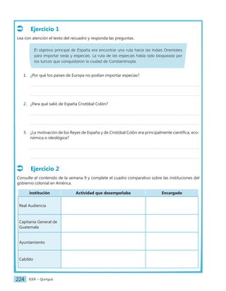 IGER − Quiriguá
224
Ejercicio 1
Lea con atención el texto del recuadro y responda las preguntas.
El objetivo principal de España era encontrar una ruta hacia las Indias Orientales
para importar seda y especias. La ruta de las especias había sido bloqueada por
los turcos que conquistaron la ciudad de Constantinopla.
1. ¿Por qué los países de Europa no podían importar especias?
2. ¿Para qué salió de España Cristóbal Colón?
3. ¿La motivación de los Reyes de España y de Cristóbal Colón era principalmente científica, eco-
nómica o ideológica?
Ejercicio 2
Consulte el contenido de la semana 9 y complete el cuadro comparativo sobre las instituciones del
gobierno colonial en América.
institución Actividad que desempeñaba Encargado
Real Audiencia
Capitanía General de
Guatemala
Ayuntamiento
Cabildo
 