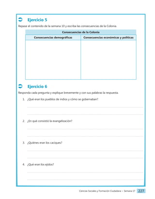 Ciencias Sociales y Formación Ciudadana − Semana 17 227
Ejercicio 5
Repase el contenido de la semana 10 y escriba las consecuencias de la Colonia.
Consecuencias de la Colonia
Consecuencias demográficas Consecuencias económicas y políticas
Ejercicio 6
Responda cada pregunta y explique brevemente y con sus palabras la respuesta.
1. ¿Qué eran los pueblos de indios y cómo se gobernaban?
2. ¿En qué consistió la evangelización?
3. ¿Quiénes eran los caciques?
4. ¿Qué eran los ejidos?
 