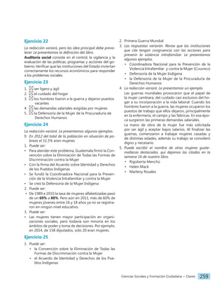 Ciencias Sociales y Formación Ciudadana − Claves 259
Ejercicio 22
La redacción variará, pero las idea principal debe preva-
lecer. Le presentamos la definición del libro.
Auditoría social consiste en el control, la vigilancia y la
evaluación de las políticas, programas y acciones del go-
bierno. Verificar que las instituciones del Estado inviertan
correctamente los recursos económicos para responder
a los problemas sociales.
Ejercicio 23
1. ser ligero y ágil
2. el cuidado del hogar
3. los hombres fueron a la guerra y dejaron puestos
		 vacantes
4. las demandas salariales exigidas por mujeres
5. la Defensoría de la Mujer de la Procuraduría de
		 Derechos Humanos
Ejercicio 24
La redacción variará. Le presentamos algunos ejemplos.
0. En 2012 del total de la población en situación de po-
breza el 51.5% eran mujeres.
1. Puede ser:
• Para atender este problema, Guatemala firmó la Con-
vención sobre la Eliminación de Todas las Formas de
Discriminación contra la Mujer
• Con la firma del Acuerdo sobre Identidad y Derechos
de los Pueblos Indígenas
• Se fundó la Coordinadora Nacional para la Preven-
ción de la Violencia Intrafamiliar y contra la Mujer
• Se creó la Defensoría de la Mujer Indígena
2. Puede ser:
• De 1989 a 2010 la tasa de mujeres alfabetizadas pasó
de un 69% a 88%. Pero aún en 2011, más de 60% de
mujeres jóvenes entre 16 y 18 años ya no se registra-
ron en ningún nivel educativo.
3. Puede ser:
• Las mujeres tienen mayor participación en organi-
zaciones sociales, pero todavía son minoría en los
ámbitos de poder y toma de decisiones. Por ejemplo,
en 2014, de 158 diputados, solo 20 eran mujeres.
Ejercicio 25
1. Puede ser:
• la Convención sobre la Eliminación de Todas las
Formas de Discriminación contra la Mujer
• el Acuerdo de Identidad y Derechos de los Pue-
blos Indígenas
2. Primera Guerra Mundial
3. Las respuestas variarán. Revise que las instituciones
que cite tengan congruencia con las acciones para
prevenir la violencia intrafamiliar. Le presentamos
algunos ejemplos.
• Coordinadora Nacional para la Prevención de la
Violencia Intrafamiliar y contra la Mujer (Conaprevi)
• Defensoría de la Mujer Indígena
• la Defensoría de la Mujer de la Procuraduría de
Derechos Humanos
4. La redacción variará. Le presentamos un ejemplo.
Las guerras mundiales provocaron que el papel de
la mujer cambiara, del cuidado casi exclusivo del ho-
gar a su incorporación a la vida laboral. Cuando los
hombres fueron a la guerra, las mujeres ocuparon los
puestos de trabajo que ellos dejaron, principalmente
en la enfermería, el campo y las fábricas. En esa épo-
ca surgieron las primeras demandas salariales.
La mano de obra de la mujer fue más solicitada
por ser ágil y aceptar bajos salarios. Al finalizar las
guerras, comenzaron a trabajar mujeres casadas y
de distintas edades, además su trabajo se consideró
digno y necesario.
5. Puede escribir el nombre de otras mujeres guate-
maltecas destacadas. quí dejamos las citadas en la
semana 16 de nuestro libro.
• Rigoberta Menchú
• Helen Mack
• Marleny Rosales
 