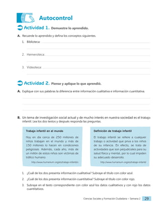 Ciencias Sociales y Formación Ciudadana − Semana 2 29
Autocontrol
Actividad 1. Demuestre lo aprendido.
A. Recuerde lo aprendido y defina los conceptos siguientes.
1. Biblioteca:
2. Hemeroteca:
3. Videoteca:
Actividad 2. Piense y aplique lo que aprendió.
A. Explique con sus palabras la diferencia entre información cualitativa e información cuantitativa.
B. Un tema de investigación social actual y de mucho interés en nuestra sociedad es el trabajo
infantil. Lea los dos textos y después responda las preguntas.
Trabajo infantil en el mundo
Hoy en día cerca de 250 millones de
niños trabajan en el mundo y más de
150 millones lo hacen en condiciones
peligrosas. Además, cada año, más de
un millón de estos niños son víctimas de
tráfico humano.
http://www.humanium.org/es/trabajo-infantil/v
Definición de trabajo infantil
El trabajo infantil se refiere a cualquier
trabajo o actividad que priva a los niños
de su infancia. En efecto, se trata de
actividades que son perjudiciales para su
salud física y mental, por lo cual impiden
su adecuado desarrollo.
http://www.humanium.org/es/trabajo-infantil/
1. ¿Cuál de los dos presenta información cualitativa? Subraye el título con color azul.
2. ¿Cuál de los dos presenta información cuantitativa? Subraye el título con color rojo.
3. Subraye en el texto correspondiente con color azul los datos cualitativos y con rojo los datos
cuantitativos.
 