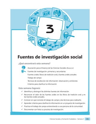 Ciencias Sociales y Formación Ciudadana − Semana 3 31
3
Fuentes de investigación social
¿Qué encontrará esta semana?
Asociación para el Avance de las Ciencias Sociales (Avancso)
Fuentes de investigación: primarias y secundarias
		 Fuentes orales: libros de tradición oral y fuentes orales actuales
		 Trabajo de campo
		 Técnicas de recolección de información: observación y entrevista
		 Criterios para clasificar la información
Esta semana logrará:
 Identificar y distinguir las distintas fuentes de información.
 Reconocer el valor de las fuentes orales en los libros de tradición oral y en
las fuentes orales actuales.
 Conocer en qué consiste el trabajo de campo y las técnicas para realizarlo.
 Aprender criterios para clasificar la información en un proyecto de investigación.
 Practicar el trabajo de campo entrevistando a una persona de la comunidad.
 Documentar con fotos su proceso de investigación.
 