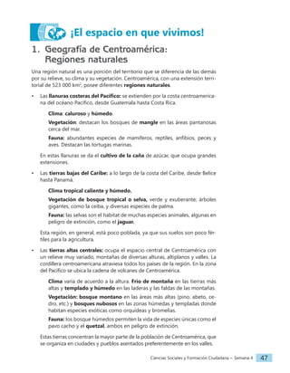 Ciencias Sociales y Formación Ciudadana − Semana 4 47
1. Geografía de Centroamérica:
Regiones naturales
Una región natural es una porción del territorio que se diferencia de las demás
por su relieve, su clima y su vegetación. Centroamérica, con una extensión terri-
torial de 523 000 km2
, posee diferentes regiones naturales.
• Las llanuras costeras del Pacífico: se extienden por la costa centroamerica-
na del océano Pacífico, desde Guatemala hasta Costa Rica.
Clima: caluroso y húmedo.
Vegetación: destacan los bosques de mangle en las áreas pantanosas
cerca del mar.
Fauna: abundantes especies de mamíferos, reptiles, anfibios, peces y
aves. Destacan las tortugas marinas.
En estas llanuras se da el cultivo de la caña de azúcar, que ocupa grandes
extensiones.
• Las tierras bajas del Caribe: a lo largo de la costa del Caribe, desde Belice
hasta Panamá.
Clima tropical caliente y húmedo.
Vegetación de bosque tropical o selva, verde y exuberante; árboles
gigantes, como la ceiba, y diversas especies de palma.
Fauna: las selvas son el habitat de muchas especies animales, algunas en
peligro de extinción, como el jaguar.
Esta región, en general, está poco poblada, ya que sus suelos son poco fér-
tiles para la agricultura.
• Las tierras altas centrales: ocupa el espacio central de Centroamérica con
un relieve muy variado, montañas de diversas alturas, altiplanos y valles. La
cordillera centroamericana atraviesa todos los países de la región. En la zona
del Pacífico se ubica la cadena de volcanes de Centroamérica.
Clima varía de acuerdo a la altura. Frío de montaña en las tierras más
altas y templado y húmedo en las laderas y las faldas de las montañas.
Vegetación: bosque montano en las áreas más altas (pino, abeto, ce-
dro, etc.) y bosques nubosos en las zonas húmedas y templadas donde
habitan especies exóticas como orquídeas y bromelias.
Fauna: los bosque húmedos permiten la vida de especies únicas como el
pavo cacho y el quetzal, ambos en peligro de extinción.
Estas tierras concentran la mayor parte de la población de Centroamérica, que
se organiza en ciudades y pueblos asentados preferentemente en los valles.
¡El espacio en que vivimos!
 