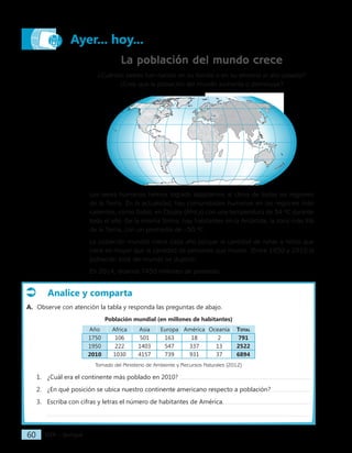 IGER − Quiriguá
60
Ayer... hoy...
La población del mundo crece
¿Cuántos bebés han nacido en su familia o en su entorno el año pasado?
¿Cree que la población del mundo aumenta o disminuye?
Los seres humanos hemos logrado adaptarnos al clima de todas las regiones
de la Tierra. En la actualidad, hay comunidades humanas en las regiones más
calientes, como Dallol, en Etiopía (África) con una temperatura de 34 ºC durante
todo el año. De la misma forma, hay habitantes en la Antártida, la zona más fría
de la Tierra, con un promedio de –50 ºC.
La población mundial crece cada año porque la cantidad de niñas y niños que
nace es mayor que la cantidad de personas que muere. ¡Entre 1950 y 2010 la
población total del mundo se duplicó!
En 2014, éramos 7450 millones de personas.
Analice y comparta
A. Observe con atención la tabla y responda las preguntas de abajo.
Población mundial (en millones de habitantes)
Año Africa Asia Europa América Oceanía Total
1750 106 501 163 18 2 791
1950 222 1403 547 337 13 2522
2010 1030 4157 739 931 37 6894
Tomado del Ministerio de Ambiente y Recursos Naturales (2012)
1. ¿Cuál era el continente más poblado en 2010?
2. ¿En qué posición se ubica nuestro continente americano respecto a población?
3. Escriba con cifras y letras el número de habitantes de América.
 