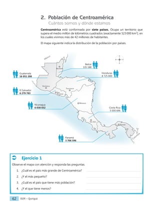 IGER − Quiriguá
62
Ejercicio 1
Observe el mapa con atención y responda las preguntas.
1. ¿Cuál es el país más grande de Centroamérica?
2. ¿Y el más pequeño?						
3. ¿Cuál es el país que tiene más población?		
4. ¿Y el que tiene menos?					
2. Población de Centroamérica
Cuántos somos y dónde estamos
Centroamérica está conformada por siete países. Ocupa un territorio que
supera el medio millón de kilómetros cuadrados (exactamente 523000 km2
), en
los cuales vivimos más de 42 millones de habitantes.
El mapa siguiente indica la distribución de la población por países.
N
S
E
O
Colom
bia
México
Panamá
Managua
San José
Tegucigalpa
San
Salvador
Guatemala
Belmopán
Guatemala
16 051 208
El Salvador
6 279 783
Nicaragua
6 038 652
Panamá
3 706 596
Costa Rica
5 000 696
Honduras
8 725 000
Belice
335 188
 
