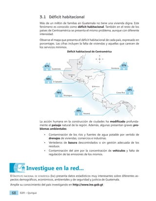 IGER − Quiriguá
68
3.1 Déficit habitacional
Más de un millón de familias en Guatemala no tiene una vivienda digna. Este
fenómeno es conocido como déficit habitacional. También en el resto de los
países de Centroamérica se presenta el mismo problema, aunque con diferente
intensidad.
Observe el mapa que presenta el déficit habitacional de cada país, expresado en
porcentajes. Las cifras incluyen la falta de viviendas y aquellas que carecen de
los servicios mínimos.
La acción humana en la construcción de ciudades ha modificado profunda-
mente el paisaje natural de la región. Además, algunas presentan graves pro-
blemas ambientales:
• Contaminación de los ríos y fuentes de agua potable por vertido de
drenajes de viviendas, comercios e industrias.
• Vertederos de basura descontrolados o sin gestión adecuada de los
residuos.
• Contaminación del aire por la concentración de vehículos y falta de
regulación de las emisiones de los mismos.
El Instituto nacional de estadística (Ine) presenta datos estadísticos muy interesantes sobre diferentes as-
pectos demográficos, económicos, ambientales y de seguridad y justicia de Guatemala.
Amplíe su conocimiento del país investigando en http://www.ine.gob.gt
Investigue en la red...
67%
58%
57%
18%
78%
39%
Guatemala
El Salvador
Honduras
Costa Rica
Nicaragua
Panamá
Déficit habitacional de Centramérica
Panamá
Managua
San José
Tegucigalpa
San
Salvador
Guatemala
Belmopán
 