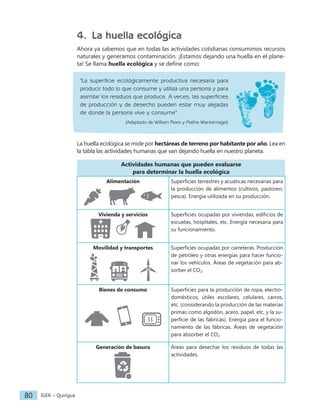 IGER − Quiriguá
80
4. La huella ecológica
Ahora ya sabemos que en todas las actividades cotidianas consumimos recursos
naturales y generamos contaminación. ¡Estamos dejando una huella en el plane-
ta! Se llama huella ecológica y se define como:
"La superficie ecológicamente productiva necesaria para
producir todo lo que consume y utiliza una persona y para
asimilar los residuos que produce. A veces, las superficies
de producción y de desecho pueden estar muy alejadas
de donde la persona vive y consume".
(Adaptado de William Rees y Mathis Wackernagel)
La huella ecológica se mide por hectáreas de terreno por habitante por año. Lea en
la tabla las actividades humanas que van dejando huella en nuestro planeta.
Actividades humanas que pueden evaluarse
para determinar la huella ecológica
Alimentación Superficies terrestres y acuáticas necesarias para
la producción de alimentos (cultivos, pastoreo,
pesca). Energía utilizada en su producción.
Vivienda y servicios Superficies ocupadas por viviendas, edificios de
escuelas, hospitales, etc. Energía necesaria para
su funcionamiento.
Movilidad y transportes Superficies ocupadas por carreteras. Producción
de petróleo y otras energías para hacer funcio-
nar los vehículos. Áreas de vegetación para ab-
sorber el CO2.
Bienes de consumo Superficies para la producción de ropa, electro-
domésticos, útiles escolares, celulares, carros,
etc. (considerando la producción de las materias
primas como algodón, acero, papel, etc. y la su-
perficie de las fábricas). Energía para el funcio-
namiento de las fábricas. Áreas de vegetación
para absorber el CO2.
Generación de basura Áreas para desechar los residuos de todas las
actividades.
 