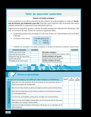 IGER − Quiriguá
84
Marque con un cheque la casilla que mejor indique su rendimiento. logrado
en
proceso
no
logrado
Después
de
estudiar...
Descubro los tres sectores de la economía en los procesos de la in-
dustria azucarera de Guatemala.
Recorro los hitos históricos de la actividad económica de Centroamérica.
Descubro la importancia de ciertos productos en la historia económi-
ca centroamericana.
Conozco las actividades productivas actuales de Centroamérica.
Relaciono las actividades industriales con el consumo de los recursos
naturales y los riesgos ambientales.
Calculo la huella ecológica individual y de grupo en un ejemplo de la
vida cotidiana.
Revise su aprendizaje
Calculo mi huella ecológica
Como estudiamos en el último apartado de esta semana, la huella ecológica se mide por hectá-
reas de terreno, por habitante y por año. Pues bien, para hacernos más conscientes de nuestra
realidad ambiental, le proponemos este interesante ejercicio.
Organícense en pequeños grupos y calculen la huella ecológica de cada persona, del grupo y del
aula en consumo de maíz. Tomen en cuenta los siguientes datos:
• Guatemala produce dos toneladas (2 t) de maíz al año, por cada hectárea (ha) de terreno
cultivado.
• Consideren estos valores: 1 tortilla pesa 0.1 lb
1 lb = 0.45 kg
1 t = 1000 kg
• Trasladen sus resultados a las tablas y dediquen un tiempo a la discusión y reflexión sobre el tema.
Consumo personal Cantidad
Tortillas que como al día
Libras (lb) de maíz al día
Kilogramos (kg) de maíz al día
Kg de maíz al año
Toneladas (t) de maíz al año
Cantidad
Mi huella ecológica:
Hectáreas de terreno que necesito al año
Huella ecológica del grupo:
Hectáreas de terreno del grupo
Huella ecológica del aula:
Hectáreas de terreno del aula
Taller de desarrollo sostenible
 