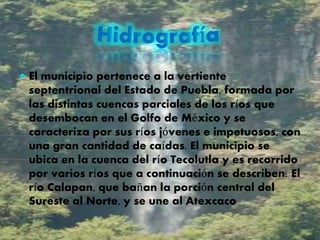  El municipio pertenece a la vertiente
septentrional del Estado de Puebla, formada por
las distintas cuencas parciales de los ríos que
desembocan en el Golfo de México y se
caracteriza por sus ríos jóvenes e impetuosos, con
una gran cantidad de caídas. El municipio se
ubica en la cuenca del río Tecolutla y es recorrido
por varios ríos que a continuación se describen: El
río Calapan, que bañan la porción central del
Sureste al Norte, y se une al Atexcaco
 