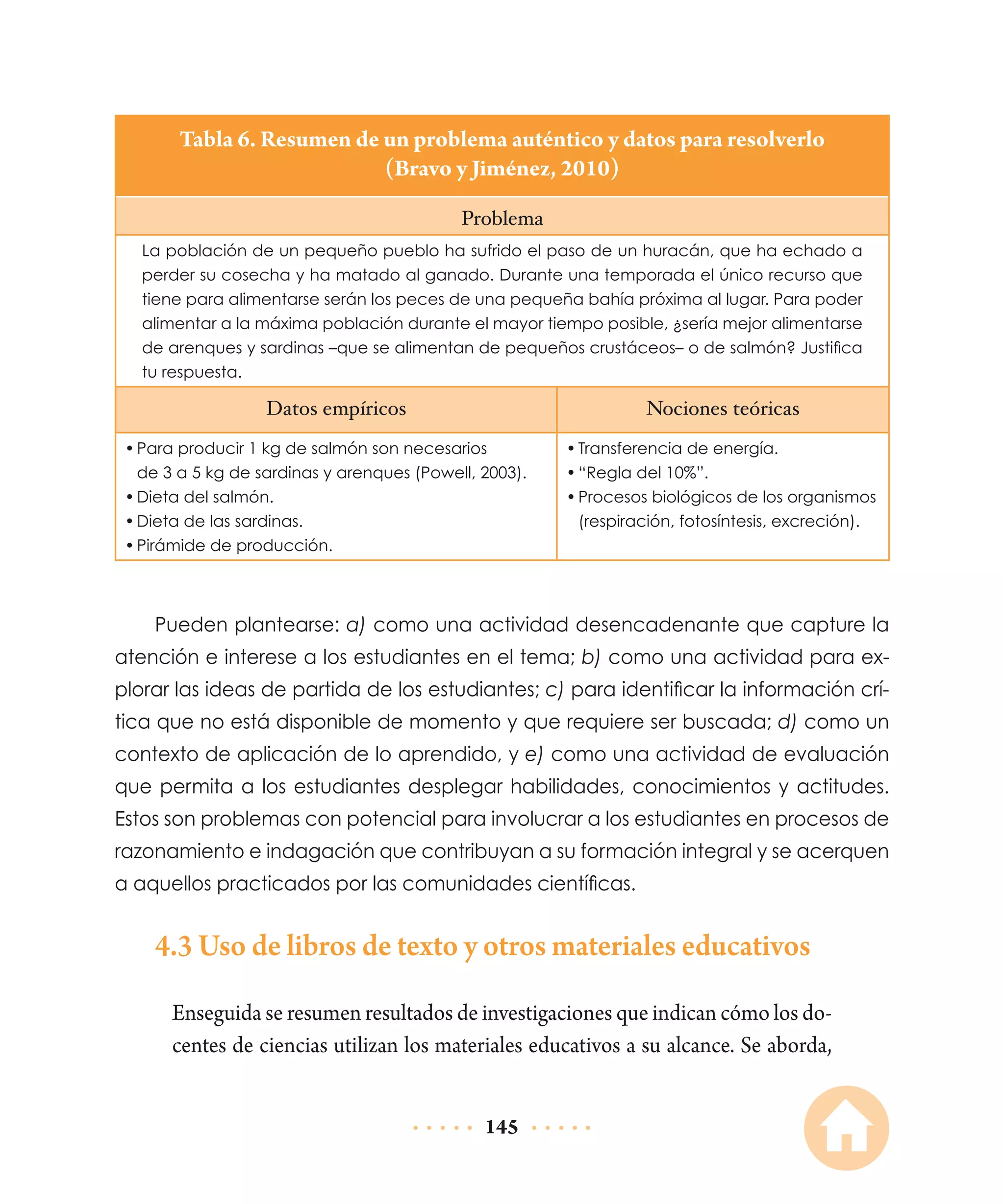 Tabla 6. Resumen de un problema auténtico y datos para resolverlo
(Bravo y Jiménez, 2010)
Problema
La población de un pequeño pueblo ha sufrido el paso de un huracán, que ha echado a
perder su cosecha y ha matado al ganado. Durante una temporada el único recurso que
tiene para alimentarse serán los peces de una pequeña bahía próxima al lugar. Para poder
alimentar a la máxima población durante el mayor tiempo posible, ¿sería mejor alimentarse
de arenques y sardinas –que se alimentan de pequeños crustáceos– o de salmón? Justifica
tu respuesta.

Datos empíricos

Nociones teóricas

•	Para producir 1 kg de salmón son necesarios
de 3 a 5 kg de sardinas y arenques (Powell, 2003).
•	Dieta del salmón.
•	Dieta de las sardinas.
•	Pirámide de producción.

•	Transferencia de energía.
•	“Regla del 10%”.
•	Procesos biológicos de los organismos
(respiración, fotosíntesis, excreción).

Pueden plantearse: a) como una actividad desencadenante que capture la
atención e interese a los estudiantes en el tema; b) como una actividad para explorar las ideas de partida de los estudiantes; c) para identificar la información crítica que no está disponible de momento y que requiere ser buscada; d) como un
contexto de aplicación de lo aprendido, y e) como una actividad de evaluación
que permita a los estudiantes desplegar habilidades, conocimientos y actitudes.
Estos son problemas con potencial para involucrar a los estudiantes en procesos de
razonamiento e indagación que contribuyan a su formación integral y se acerquen
a aquellos practicados por las comunidades científicas.

4.3 Uso de libros de texto y otros materiales educativos
Enseguida se resumen resultados de investigaciones que indican cómo los docentes de ciencias utilizan los materiales educativos a su alcance. Se aborda,
145

 