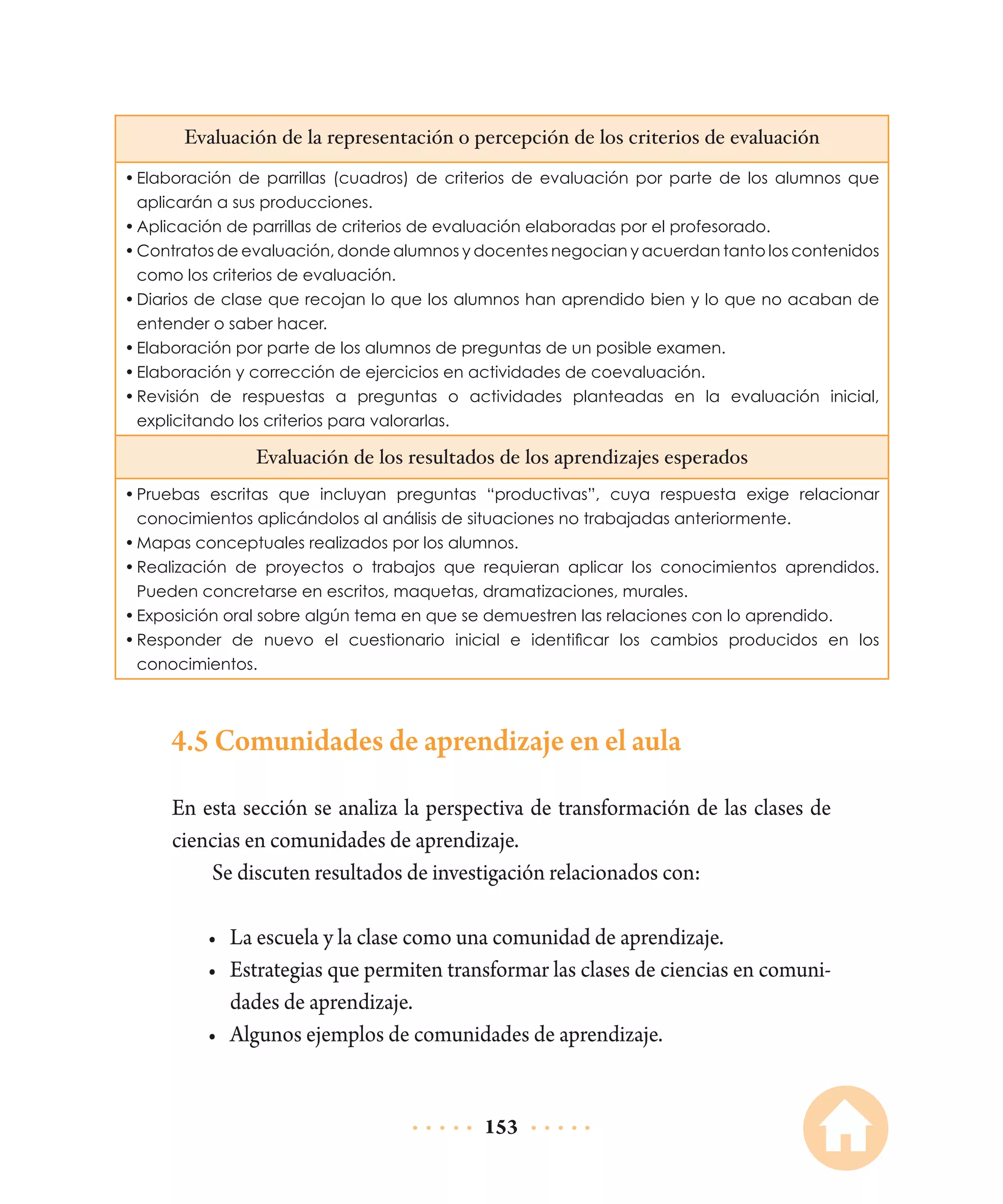 Evaluación de la representación o percepción de los criterios de evaluación
•	Elaboración de parrillas (cuadros) de criterios de evaluación por parte de los alumnos que
aplicarán a sus producciones.
•	Aplicación de parrillas de criterios de evaluación elaboradas por el profesorado.
•	Contratos de evaluación, donde alumnos y docentes negocian y acuerdan tanto los contenidos
como los criterios de evaluación.
•	Diarios de clase que recojan lo que los alumnos han aprendido bien y lo que no acaban de
entender o saber hacer.
•	Elaboración por parte de los alumnos de preguntas de un posible examen.
•	Elaboración y corrección de ejercicios en actividades de coevaluación.
•	Revisión de respuestas a preguntas o actividades planteadas en la evaluación inicial,
explicitando los criterios para valorarlas.

Evaluación de los resultados de los aprendizajes esperados
•	Pruebas escritas que incluyan preguntas “productivas”, cuya respuesta exige relacionar
conocimientos aplicándolos al análisis de situaciones no trabajadas anteriormente.
•	Mapas conceptuales realizados por los alumnos.
•	Realización de proyectos o trabajos que requieran aplicar los conocimientos aprendidos.
Pueden concretarse en escritos, maquetas, dramatizaciones, murales.
•	Exposición oral sobre algún tema en que se demuestren las relaciones con lo aprendido.
•	Responder de nuevo el cuestionario inicial e identificar los cambios producidos en los
conocimientos.

4.5 Comunidades de aprendizaje en el aula
En esta sección se analiza la perspectiva de transformación de las clases de
ciencias en comunidades de aprendizaje.
Se discuten resultados de investigación relacionados con:
•	 La escuela y la clase como una comunidad de aprendizaje.
•	 Estrategias que permiten transformar las clases de ciencias en comunidades de aprendizaje.
•	 Algunos ejemplos de comunidades de aprendizaje.

153

 