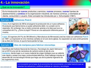 4.- La innovación
10www.coimbraweb.com
¿Qué es la innovación?
Es la introducción de nuevos productos y servicios, nuevos procesos, nuevas fuentes de
abastecimiento y cambios en la organización industrial, de manera continúa, y orientados
al cliente, consumidor o usuario. Este concepto fue introducido por J. Schumpeter en 1961.
La innovación es la base de la economía del conocimiento y la meta hacia la
que se orientan los esfuerzos y políticas públicas en ciencia y tecnología.
Adhesivos Post-it
Caso. A un ingeniero de 3M le encargaron la producción de un nuevo
adhesivo. El producto que fabricó tenía un poder adherente débil, no
cumplió con lo esperado. Sin embargo, fue un éxito comercial, gracias a
la idea que tuvo su compañero Art Fry. ¿Cómo lo logró? Pensó en una
aplicación diferente para el invento.
Ejemplo 4
Científicos del Instituto Nacional de Ciencia y Tecnología de Japón
fabricaron (en el 2013) una red de nanotubos de carbono sobre el ala de
una mariposa, dando lugar a un nuevo material de origen biológico que
se calienta más rápido y posee una mejor conductividad eléctrica. Este
hallazgo impulsa el desarrollo de una tecnología híbrida que haga uso
de la potente ingeniería de los organismos vivos.
Ejemplo 5
Logro. El ingeniero Art Fry de 3M (Minería y Manufactura de Minnesota) creó las notas con
adhesivos Post-it en 1997. La inspiración le vino mientras cantaba en el coro de la iglesia. Su
separador se caía continuamente de su libro de himnos, lo que le hacía perder la hoja.
Alas de mariposa para fabricar microchips
 