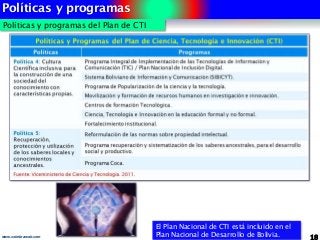 Políticas y programas
18www.coimbraweb.com
Políticas y programas del Plan de CTI
El Plan Nacional de CTI está incluido en el
Plan Nacional de Desarrollo de Bolivia.
 